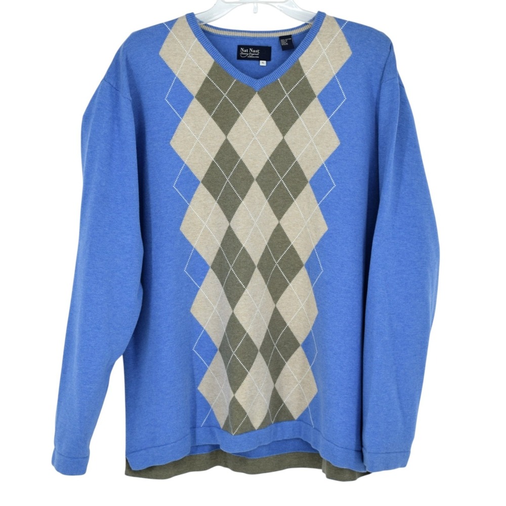 Nat Nast Luxury Originals Men's XL Tuscan Blue Hemp Argyle V-Neck Cotton Sweater